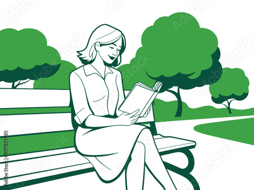 A woman sits on a park bench reading a book in a serene outdoor setting.
