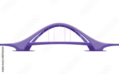 A sleek purple bridge with a modern arch design spanning across a body of water