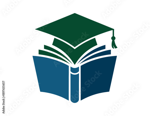 An illustration of an open book with a graduation cap on top, symbolizing education and learning