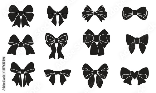 Silhouettes of various tied bows. Black and white isolated objects set. Vector icones collection for use in banners, posters template, card, patterns, stickers. Decorative elements for gift wrapping.