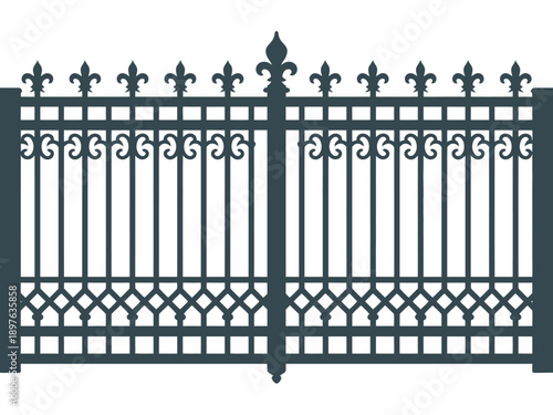 A decorative wrought iron gate with fleur-de-lis finials and intricate scrollwork on a white background