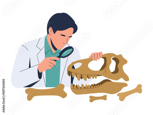 A paleontologist examines a dinosaur fossil with a magnifying glass in a laboratory setting.