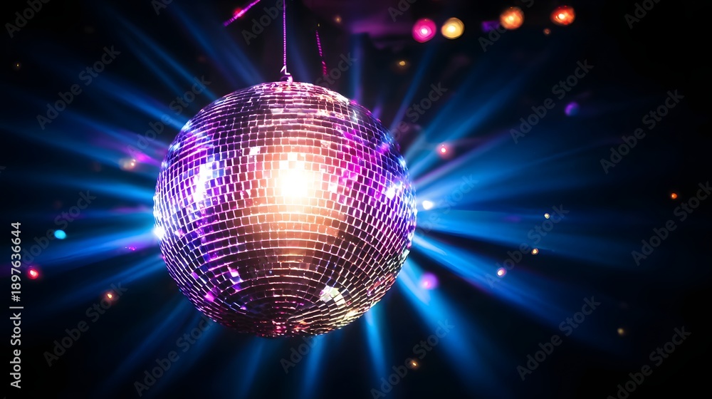 Obraz premium Shiny Disco Ball Emitting Radiant Light Beams Creating Festive Atmosphere for Nightclub Party Celebration