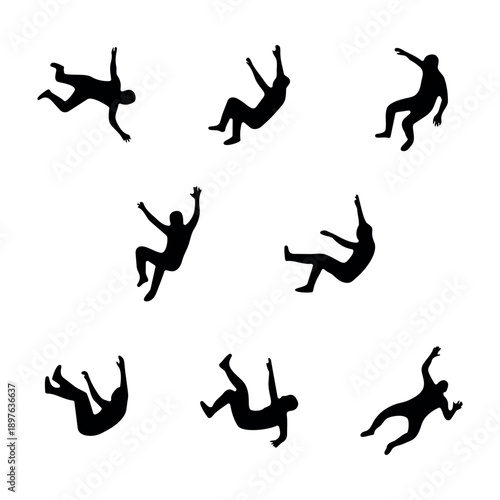 Collection of nine black silhouette icons depicting human figures falling or floating weightlessly against white