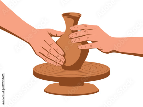 A person skillfully shapes a clay vase on a pottery wheel with their hands.