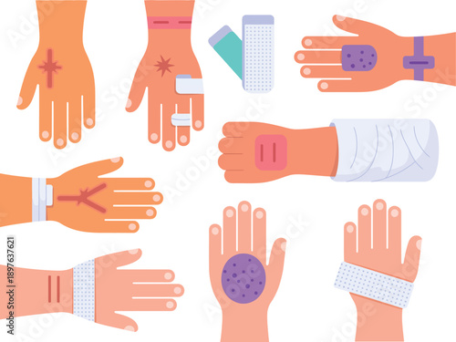 An illustration of various injured hands with bandages and band-aids on a white background.