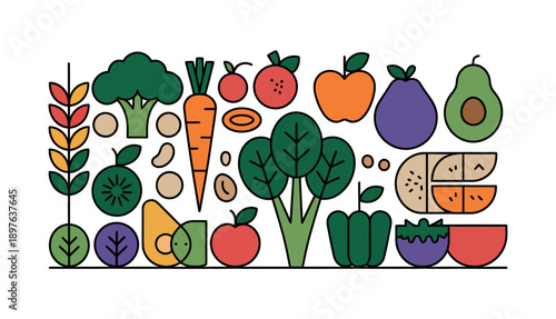A colorful illustration of various fruits and vegetables arranged together on a white background