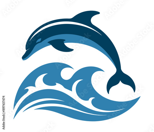 A stylized illustration of two dolphins jumping out of the ocean waves in a beautiful blue color scheme.