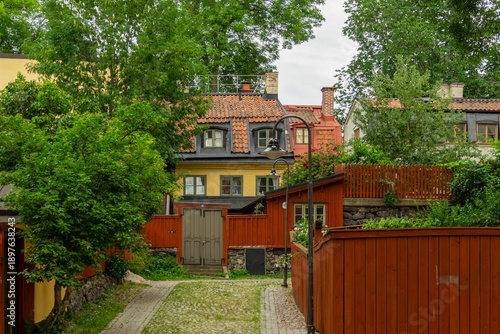 Photography Traditional Wooden Houses in Stockholm Sweden Historic Södermalm Neighborhood wi