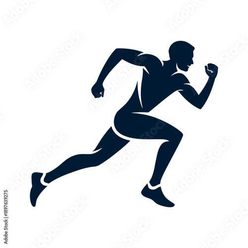 A dark blue silhouette of a man running quickly with his arms and legs in motion.
