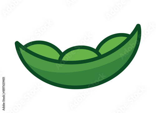 A cartoon illustration of a green pea pod with three peas inside on a white background