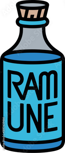 A cartoon illustration of a blue Ramune bottle with a black and beige cap on a white background
