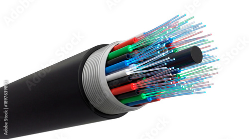 Detailed view of a multi-colored fiber optic cable, highlighting the technology within. The image showcases the complexity and efficiency of modern communication