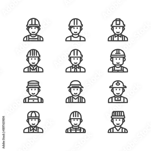 Construction worker icons set various professions and styles line art.
