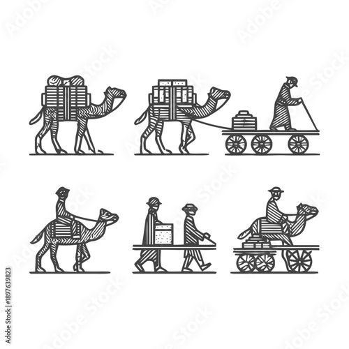 Vintage Camel Caravan Transportation Illustration Set.