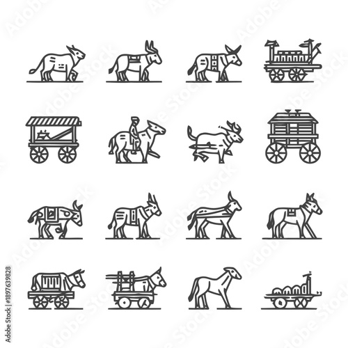 Collection of Donkey and Cart Illustrations in Line Art Style.