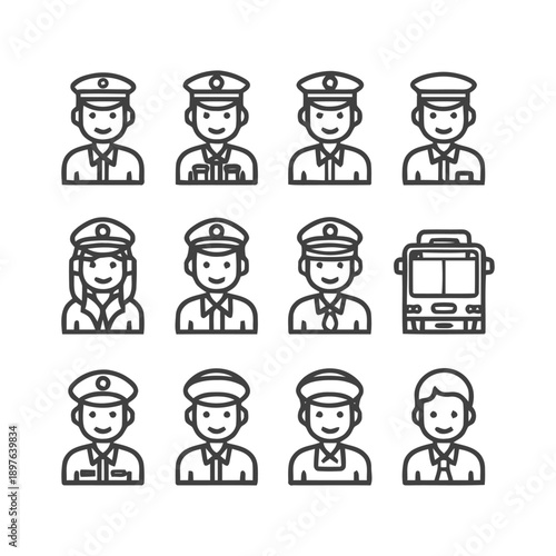 Bus Driver and Passenger Icons: Transportation and People.