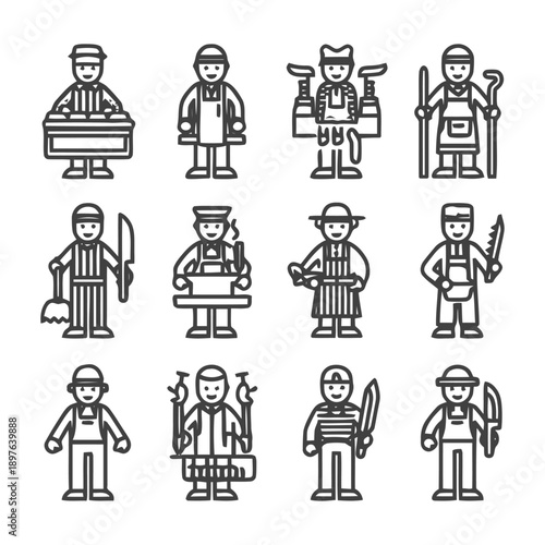 Various professions and occupations in simple line art.