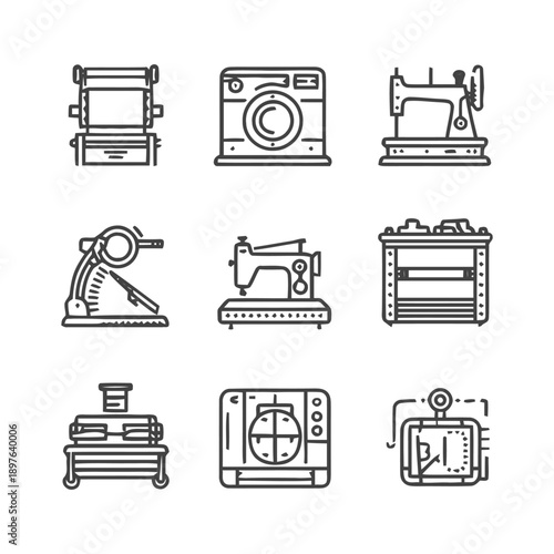 Collection of various sewing and textile industry equipment icons.
