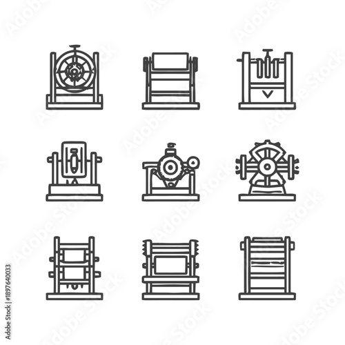 Vintage Industrial Machinery Icons: Detailed Line Art Illustrations.
