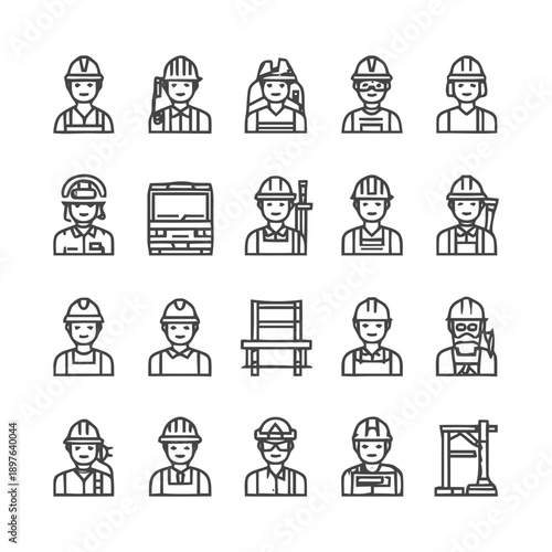Construction workers in safety helmets line art illustration.