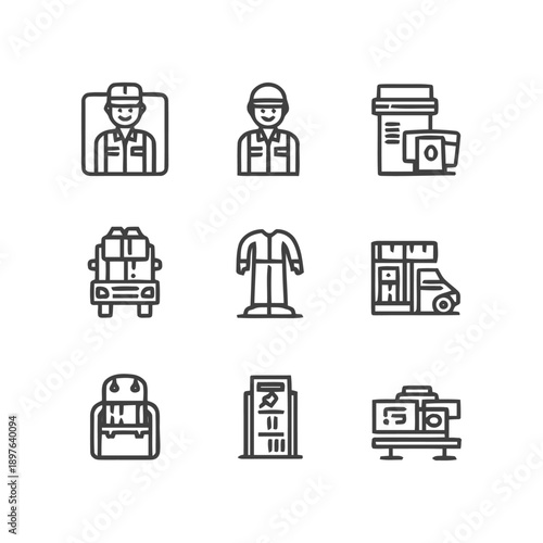Collection of Line Art Icons for Various Industries and Professions.