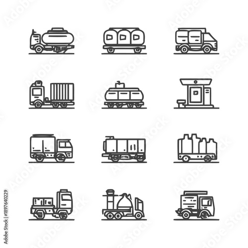 Collection of various transportation vehicles in line art style.