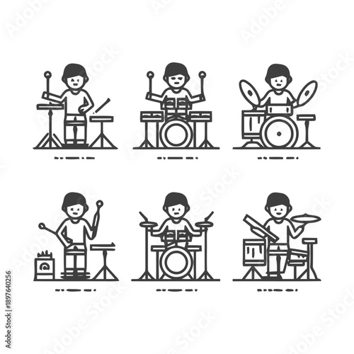 Drummer playing drum set in different positions.
