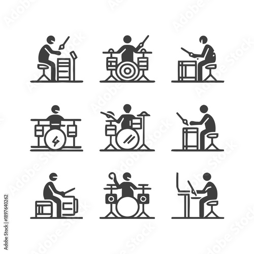 Drummer playing drum set in various positions vector icons.