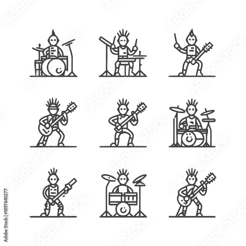 Punk Rock Band Musicians Performing on Stage with Instruments.