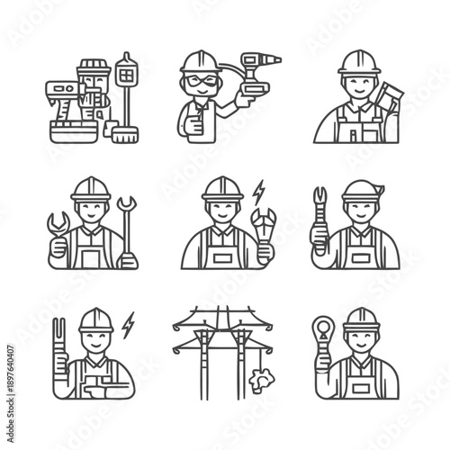 Electrical worker icons set electrician tools and equipment.
