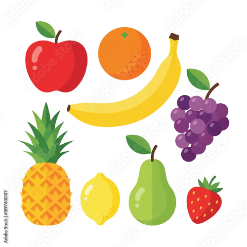 Apples, Oranges, Bananas, Grapes, Pineapples, Lemons, Pears, Strawberries Displayed in a Vibrant Illustration