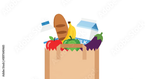 Cartoon illustration shows a brown paper bag overflowing with colorful food items—pepper, bread, banana, eggplant, and vegetables—against a white background