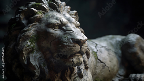 Majestic stone lion sculpture, intricately carved and weathered with moss and cracks, stands as a timeless symbol of strength and ancient grandeur, embodying enduring power