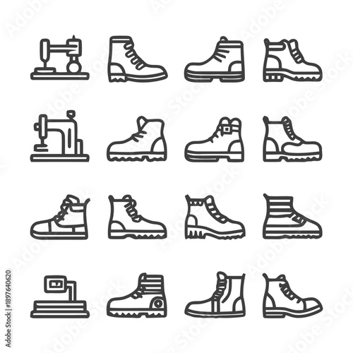 Collection of boots and sewing machines minimalist line art.