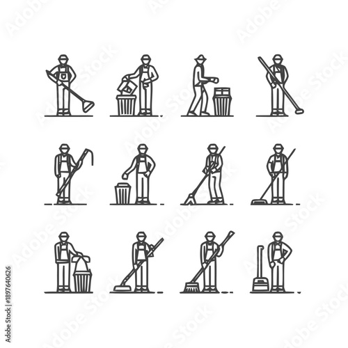Collection of Line Art Illustrations of Sanitation Workers in Action.