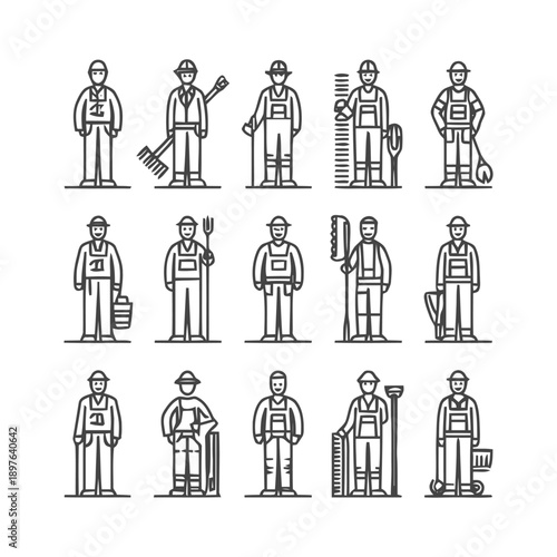 Line art of various workers with tools and equipment.