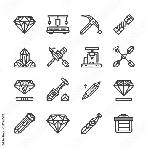 Diamond Mining and Gemstone Processing: A Detailed Icon Set.
