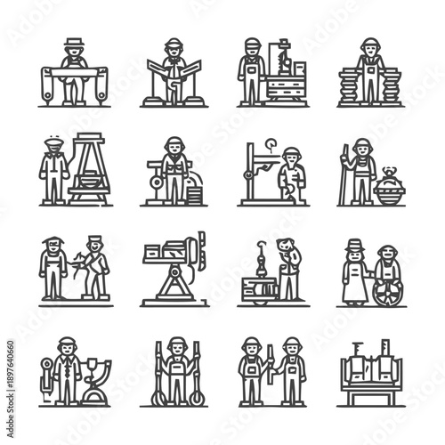 Collection of various line art illustrations of workers and laborers.