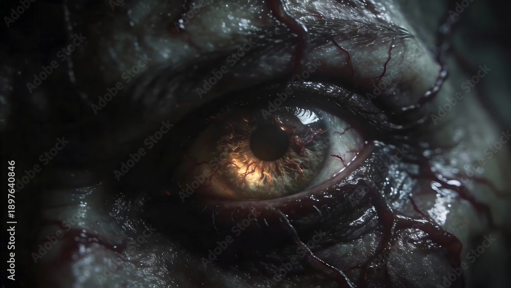 Obraz premium A hauntingly intense close-up of a monstrous, bloodshot eye with prominent veins and textured skin, reflecting a deep sense of dread and ancient malevolence