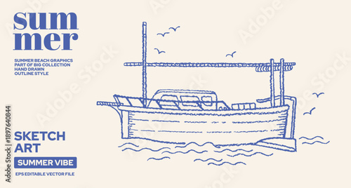Boat sketch. Fishing or pleasure motorboat icon. Small yacht, speed fast ship isolated. Hand drawn outboard boat, tug, jet. Lake or sea motor yacht. Seaside vector drawing bg with Italian steamship