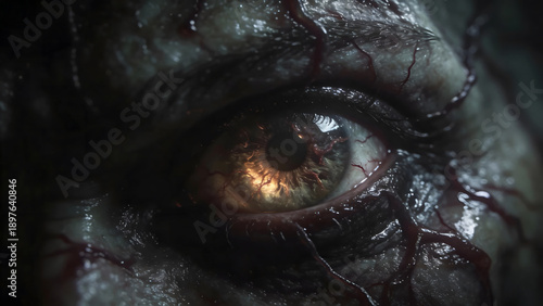 A hauntingly intense close-up of a monstrous, bloodshot eye with prominent veins and textured skin, reflecting a deep sense of dread and ancient malevolence
