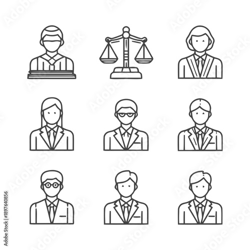 Legal Professionals and Justice System Icons Set.
