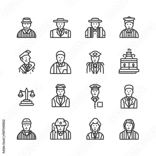 Collection of Line Art Icons Depicting Various Professions.