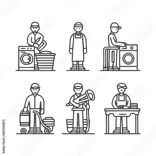 Laundry and cleaning service workers in line art style.