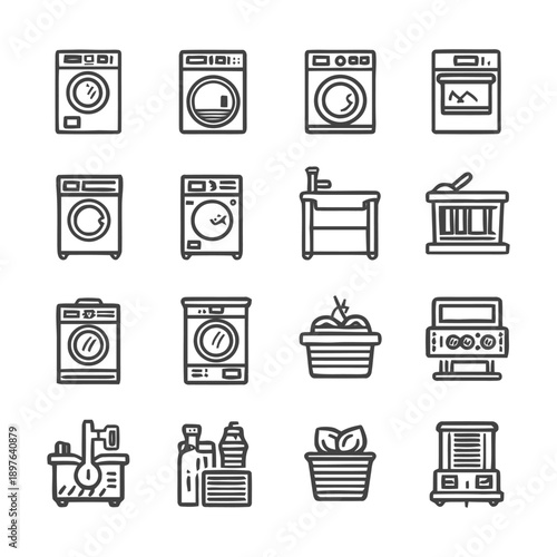 Household Appliances and Cleaning Supplies Icon Set.