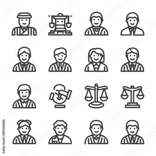 Legal Professionals and Justice System Icons Set.