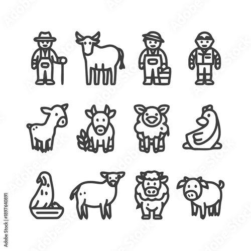 Farm Animals and Farmers: A Detailed Line Art Illustration.