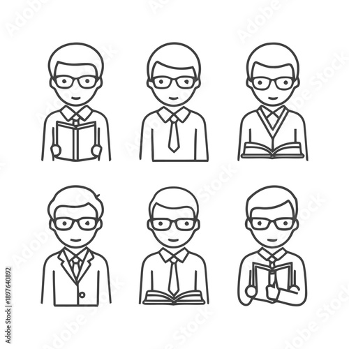 Six illustrations of a person with glasses reading a book.