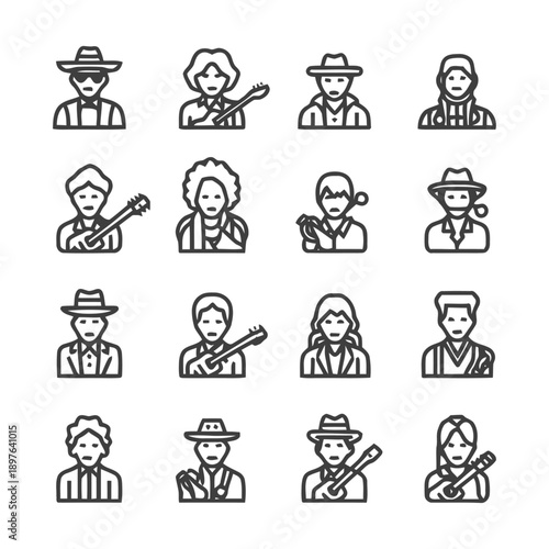 Line art icons of people with musical instruments and hats.